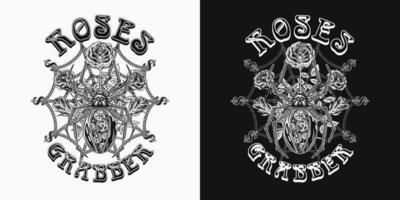 surrealistische fantasie etiket met metalen robot spin in steampunk stijl, rozen, dollar teken, tekst, spinnenweb achter. monochroom illustratie voor afdrukken, kleding, tatoeëren, oppervlakte ontwerp. vector