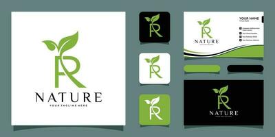 eerste brief r met blad luxe logo. groen blad logo met bedrijf kaart ontwerp premie vector