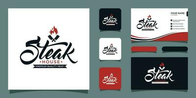 wijnoogst steak huis logo met bedrijf kaart ontwerp sjabloon premie vector