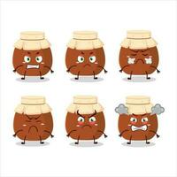 bruin honing pot tekenfilm karakter met divers boos uitdrukkingen vector