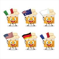wit honing pot tekenfilm karakter brengen de vlaggen van divers landen vector