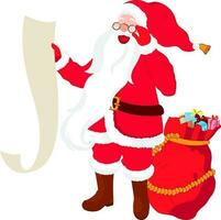 vrolijk de kerstman claus lezing lijst met rood zak vol van geschenk dozen Aan wit achtergrond. vector