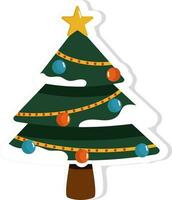 sticker stijl vrolijk Kerstmis boom met sneeuw of snuisterij decoratie in vlak stijl. vector