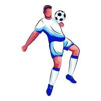 gezichtsloos voetballer speler raken bal van borst Aan wit achtergrond. vector