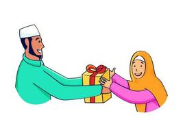 Islamitisch Mens geven geschenk doos naar vrouw Aan wit achtergrond. vector