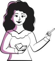 hand- getrokken mooi jong dame Holding boek en pen over- wit achtergrond. vector