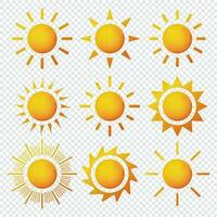 zon icoon set. geel zon ster pictogrammen verzameling. geel zonnen cirkels. modieus zomer symbool. vector illustratie