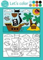 piraat kleur bladzijde voor kinderen met palm bomen, schat borst, piraat schip. vector schat eiland schets illustratie. kleur boek voor kinderen met gekleurde voorbeeld. tekening afdrukbare werkblad