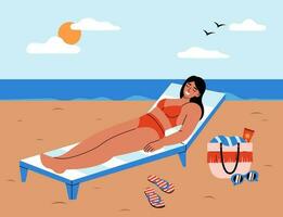 jong vrouw ontspannende Aan sjees longue Aan zomer strand en zonnen. kust vakantie concept. vlak vector illustratie.