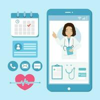 dokter online Aan smartphone app. online medisch kliniek, telegeneeskunde, online gezondheidszorg en medisch overleg concept. vector