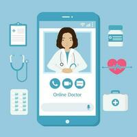 dokter online Aan smartphone app. online medisch kliniek, telegeneeskunde, online gezondheidszorg en medisch overleg concept. vector
