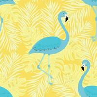naadloos zomer patroon met blauw flamingo Aan geel achtergrond vector