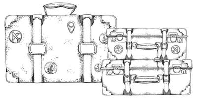 inkt hand- getrokken vector schetsen. illustratie met reeks van retro wijnoogst oud koffers bagage bagage met stickers en sleutel. ontwerp voor toerisme, reis, brochure, bruiloft, gids, afdrukken, kaart, tatoeëren.