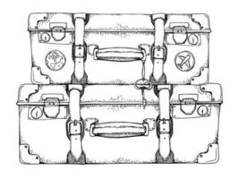 inkt hand- getrokken vector schetsen. illustratie met reeks van retro wijnoogst oud koffers bagage bagage met stickers en sleutel. ontwerp voor toerisme, reis, brochure, bruiloft, gids, afdrukken, kaart, tatoeëren.
