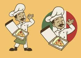 mascotte karakter van pizza chef in retro wijnoogst stijl vector