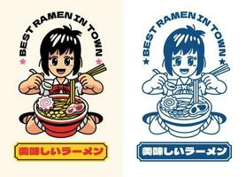 reeks schattig chibi Japans meisje logo eet ramen noodle met Japans tekst middelen heerlijk ramen vector