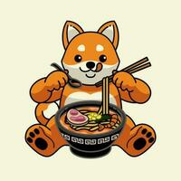 shiba inu schattig hond mascotte eten de ramen noodle vector