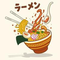 Japans ramen noodle in een kom met Japans woord middelen ramen vector