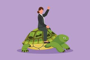 tekenfilm vlak stijl tekening schattig zakenvrouw rijden reusachtig schildpad. langzaam beweging naar succes, manager het rijden reusachtig schildpad. bedrijf metafoor of wedstrijd concept. grafisch ontwerp vector illustratie