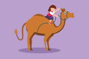 grafisch vlak ontwerp tekening gelukkig weinig meisje rijden kameel in Arabisch woestijn. kind zittend Aan bult kameel met zadel in woestijn. aanbiddelijk kinderen aan het leren naar rijden kameel. tekenfilm stijl vector illustratie