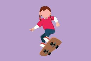 karakter vlak tekening mooi weinig meisje spelen Aan skateboard. vrolijk kind versnellen aan het doen springen. gelukkig kinderen Aan skateboarden rijden Bij buitenshuis speelplaats. tekenfilm ontwerp vector illustratie