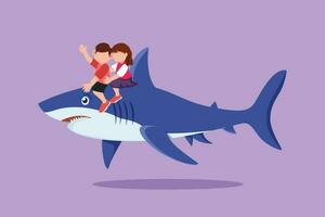 karakter vlak tekening van moed weinig jongen en meisje rijden opblaasbaar haai samen. kinderen zittend Aan terug haai in zwemmen zwembad. haai oceaan vis in diep water. tekenfilm ontwerp vector illustratie
