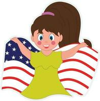 sticker stijl vrolijk meisje Holding golvend Amerikaans vlag over- achtergrond. vector