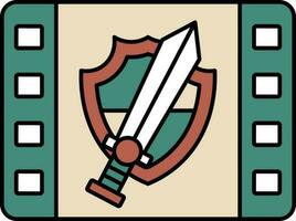 taling groen en bruin kleur zwaard en verlegen binnen film strip icoon. vector
