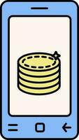 stack munt in smartphone scherm blauw en geel icoon. vector