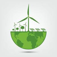 ecologie en milieuconcept Het aardesymbool met groene bladeren rond steden helpt de wereld met milieuvriendelijke ideeën vector