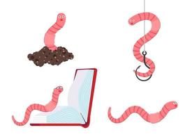 regenworm stripfiguur pictogram zucht set worm met gezichtsuitdrukking lachend aan de haak boek en vuil vlakke stijl ontwerp vectorillustratie geïsoleerd op witte achtergrond kruipend dierlijk schepsel