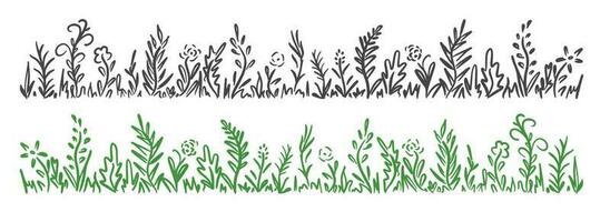 wild kruid, bloemen en gras hand- getrokken in tekening stijl.vector illustratie.hand gemaakt.wild bloemen en gras in een lijn voor frame.zwart en groen lijnen Aan wit achtergrond. vector