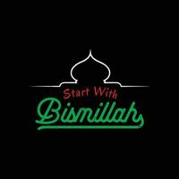 begin met bismillah Islamitisch citaten illustratie met moskee silhouet geïsoleerd Aan zwart achtergrond. vector