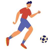 voetbalsportman, man spelen met de bal. gelukkige mannelijke voetballer die de bal schopt. vector