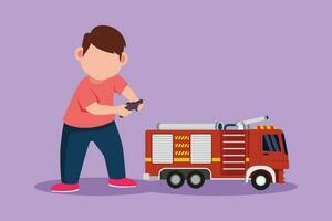 karakter vlak tekening gelukkig weinig jongen spelen met afgelegen gecontroleerd brand vrachtauto speelgoed. schattig kinderen spelen met elektronisch speelgoed- brand vrachtauto met afgelegen controle in handen. tekenfilm ontwerp vector illustratie