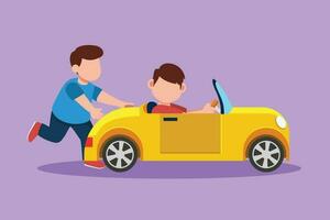 karakter vlak tekening gelukkig jongen is voortvarend zijn vrienden auto in de weg. kinderen Speel met groot speelgoed- auto samen. broer of zus hebben pret met elektrisch speelgoed- auto Bij achtertuin. tekenfilm ontwerp vector illustratie