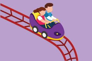 tekenfilm vlak stijl tekening kinderen Aan achtbaan rijdt. schattig weinig jongen en meisje rijden snel Bij amusement rijdt, gelukkig lachend of opgewonden bang Aan amusement park. grafisch ontwerp vector illustratie