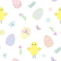 Pasen vakantie symbool kleurrijk versierd eieren in pastel tonen, kip, vlinders, bloemen naadloos patroon, vlak stijl vector illustratie voor voorjaar feestelijk tijd decor, kaarten, geschenk papier