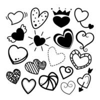 18 harten vormen Aan wit achtergrond. hand- getrokken elementen tekening tekenfilm. vector illustratie over liefde Valentijn voor decoratie of ieder ontwerp.