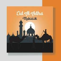 eid al adha mubarak Islamitisch festival sociaal media banier en gelukkig eid al adha mubarak met moskeeën, lichten, maan, en sterren post sjabloon vector