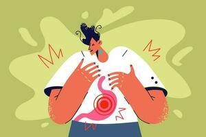 ongelukkig ongezond Mens lijden van darm kanaal pijn en ontsteking. ziek mannetje huilen worstelen met maagpijn. gezondheidszorg concept. vector illustratie.