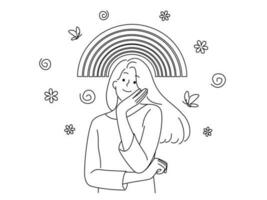 gelukkig jong vrouw staand onder regenboog dromen van helder toekomst. glimlachen meisje dagdroom over plannen en perspectieven. vector illustratie.