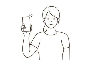 gelukkig meisje tonen modern mobiele telefoon met mockup scherm. glimlachen jong vrouw demonstreren smartphone met mooi zo transactie of Promotie. kopiëren ruimte. vector illustratie.