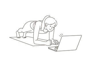 afgezwakt jong vrouw staand in plank opleiding online met computer les. sportief meisje Doen sport- oefening Bij huis met webcam klasse Aan laptop. vector illustratie.