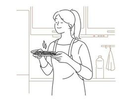 gelukkig vrouw in schort geur voedsel in keuken. glimlachen tevreden meisje Koken Bij huis genieten heerlijk maaltijd voorbereiding. vector illustratie.