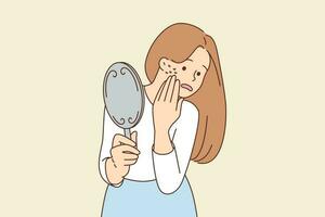 benadrukt vrouw kijken in spiegel bezorgd over acne Aan wangen. ongelukkig vrouw angstig over puistjes Aan gezicht. gelaats huidsverzorging routine. vector illustratie.