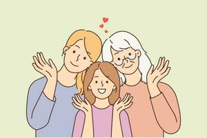 portret van glimlachen drie generaties van Dames poseren samen golvend met hand. gelukkig meisje kind met moeder en grootmoeder tonen familie eenheid. vector illustratie.