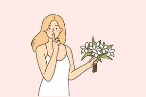 vrouw met boeket van voorjaar bloemen maakt shh gebaar met vinger naar lippen, willen naar verrassing geliefde een. mooi boeket van madeliefjes in handen van meisje wie liefdes bloemen en oproepen voor stilte vector