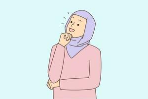 nadenkend vrouw in hijab denken oplossen probleem. glimlachen Arabisch vrouw maken besluit of plan, zoeken bedrijf oplossing. dilemma en twijfels. vector illustratie.