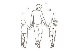 liefhebbend vader wandelen buitenshuis met kinderen. zorgzaam jong vader en weinig kinderen Holding handen genieten familie tijd samen. vaderschap. vector illustratie.